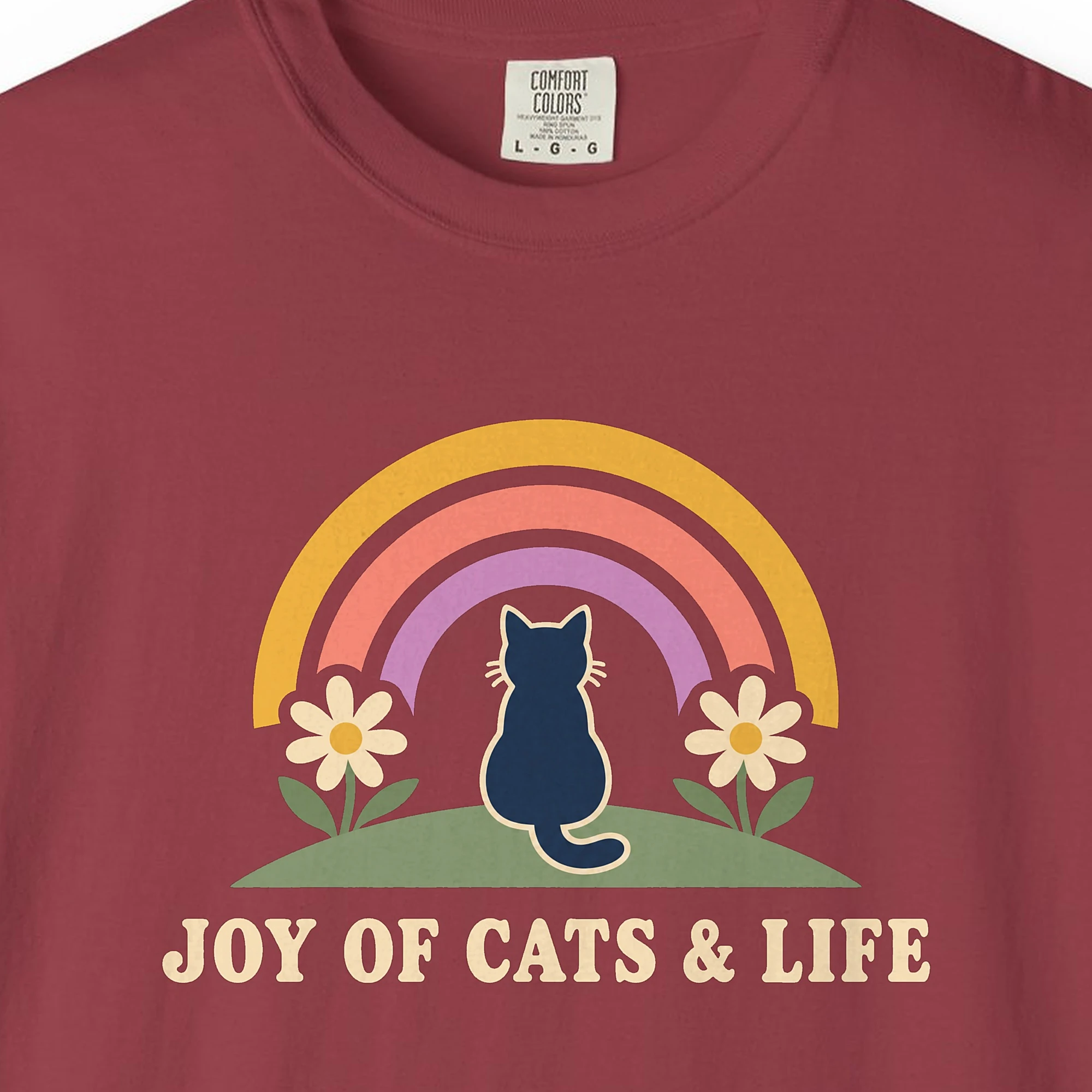 Close-up of the Joy of Cats and Life print on a Chili Comfort Colors 1717 tee