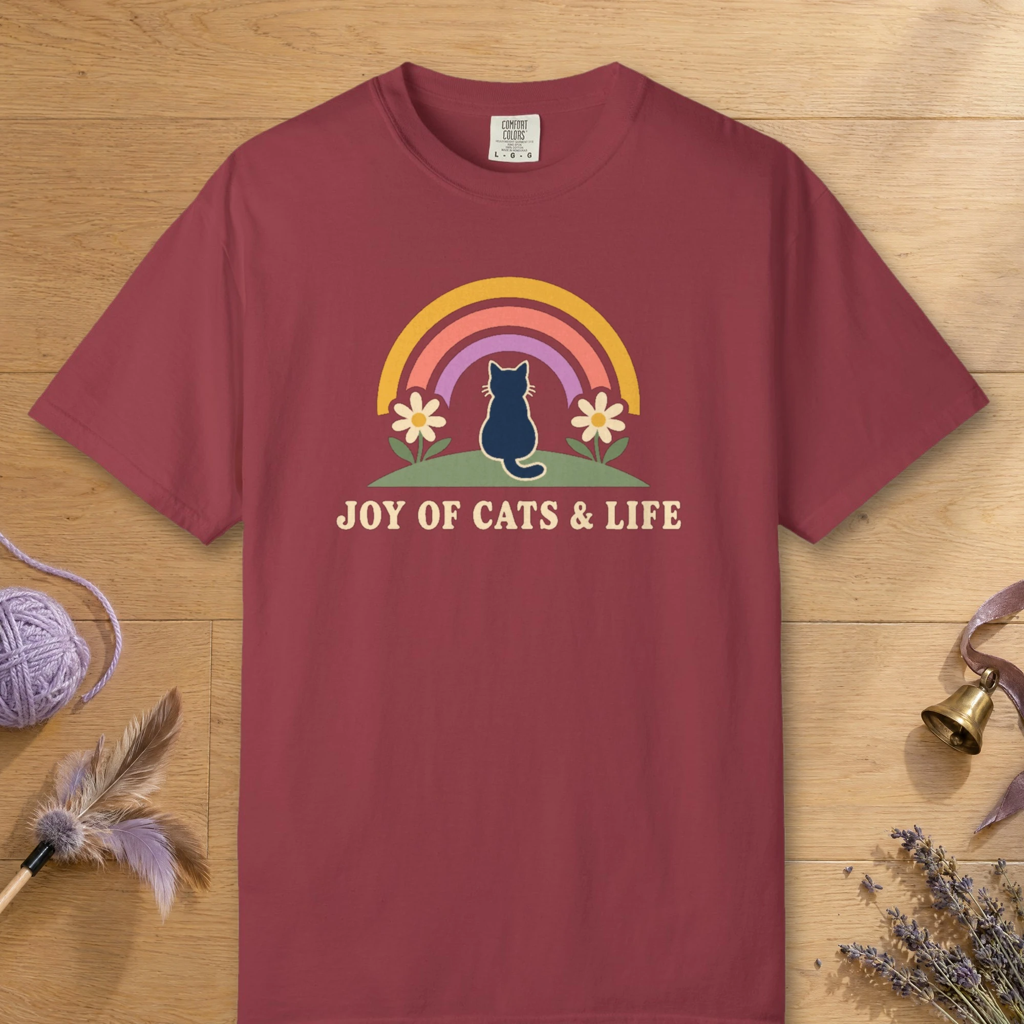 Joy of Cats and Life design on a Chili Comfort Colors 1717 tee, laid flat