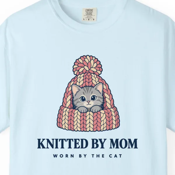 Close-up of the Knitted by Mom print on a Chambray Comfort Colors 1717 tee
