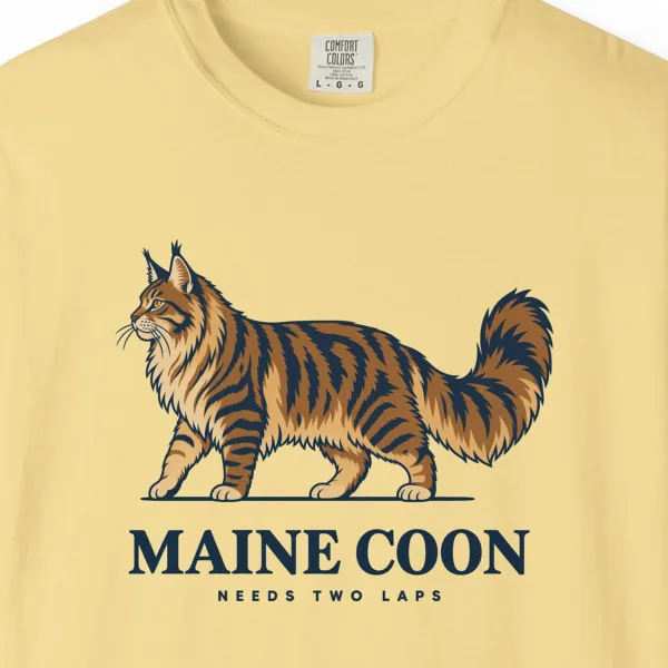Close-up of the Maine Coon print on a Butter Comfort Colors 1717 tee