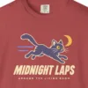 Close-up of the Midnight Laps print on a Crimson Comfort Colors 1717 tee