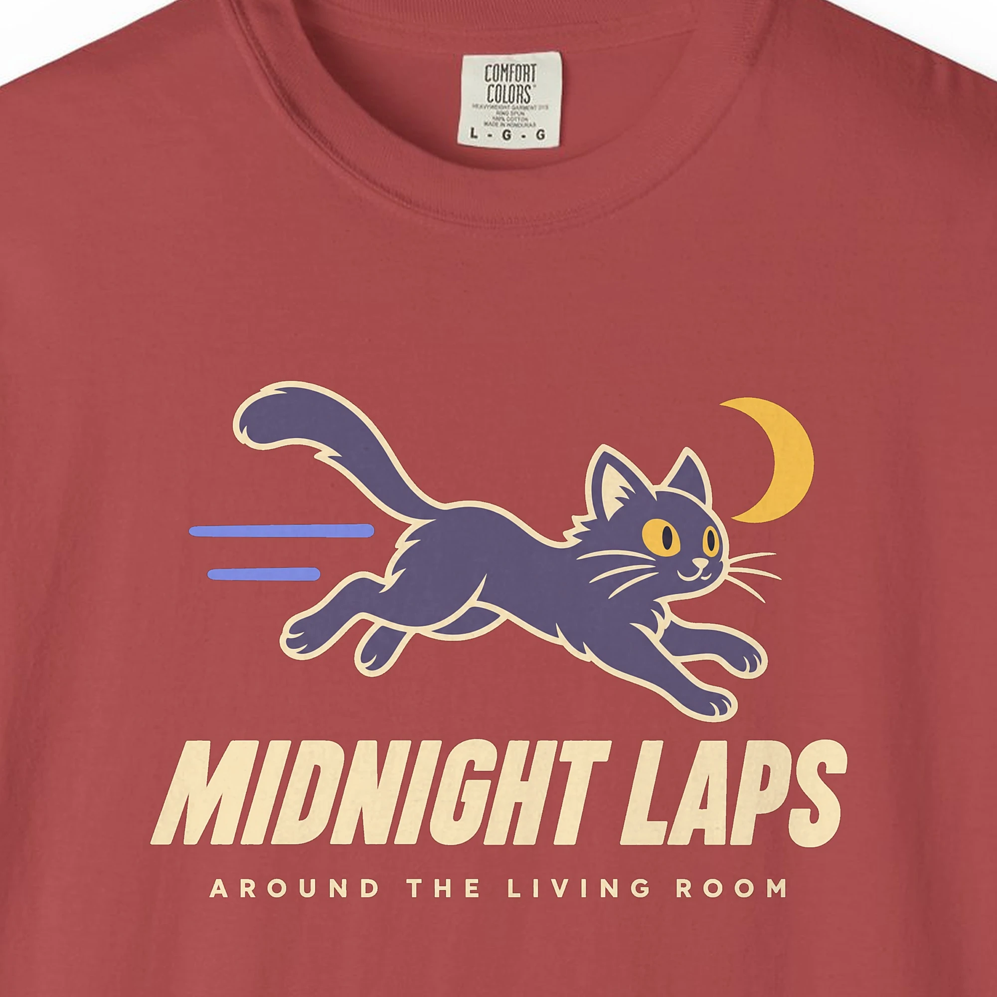 midnight-laps-tee-crimson-chest Close-up of the Midnight Laps print on a Crimson Comfort Colors 1717 tee