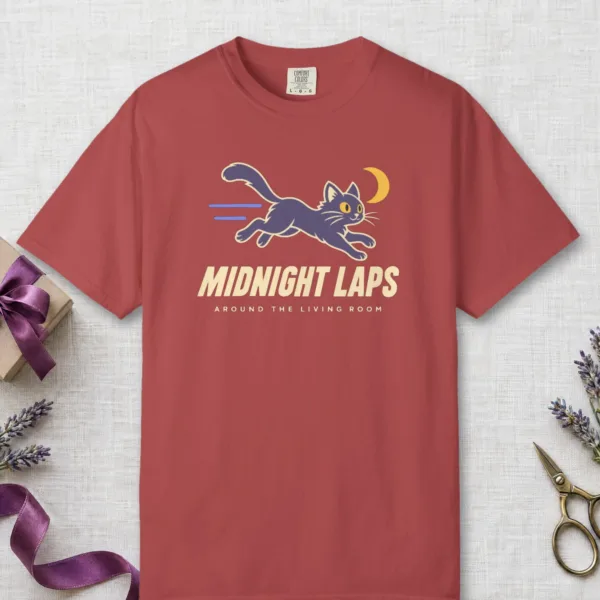 Midnight Laps design on a Crimson Comfort Colors 1717 tee, laid flat