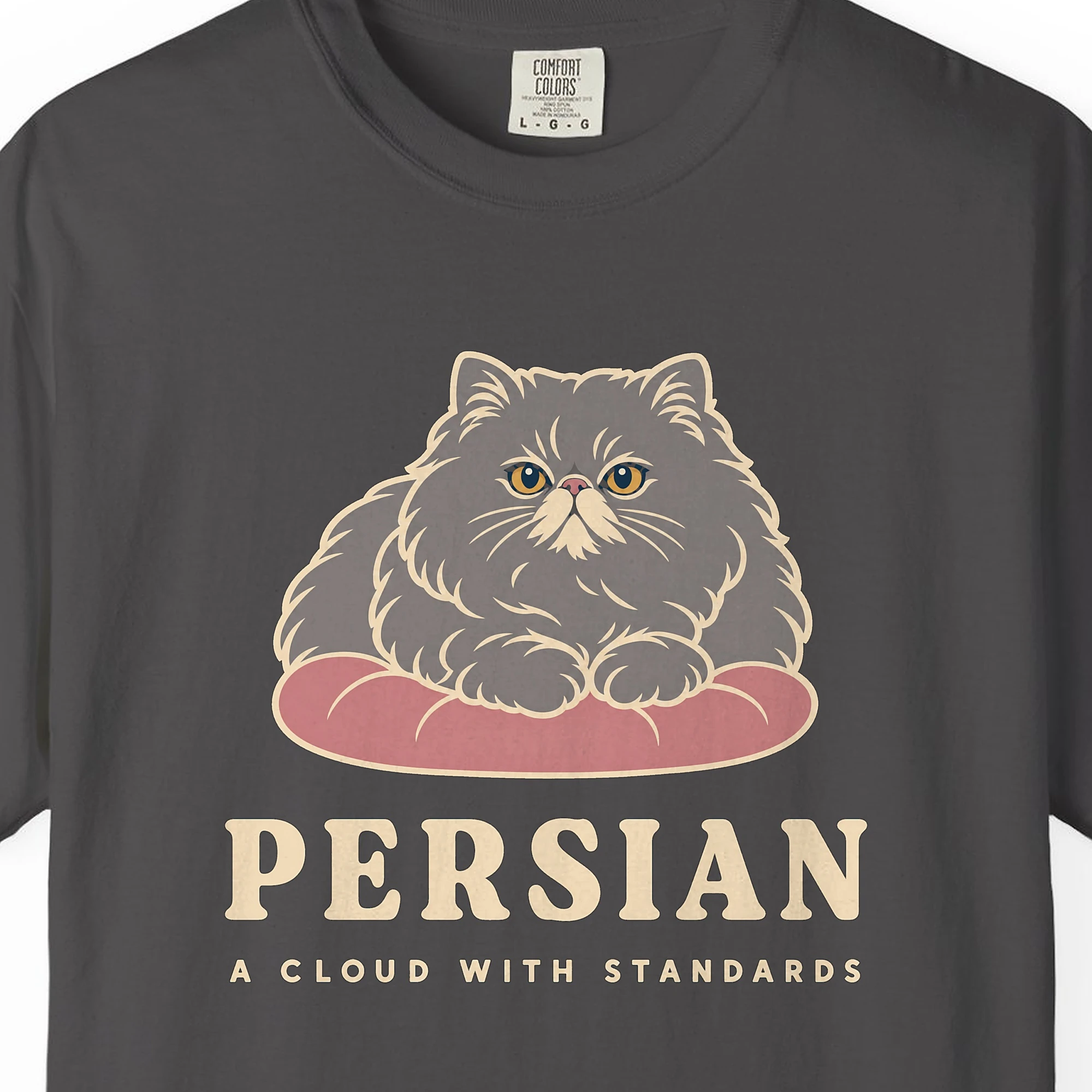 Close-up of the Persian print on a Graphite Comfort Colors 1717 tee