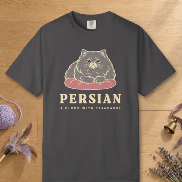 Persian design on a Graphite Comfort Colors 1717 tee, laid flat