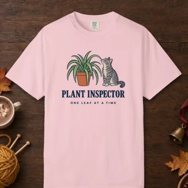 Plant Inspector design on a Blossom Comfort Colors 1717 tee, laid flat