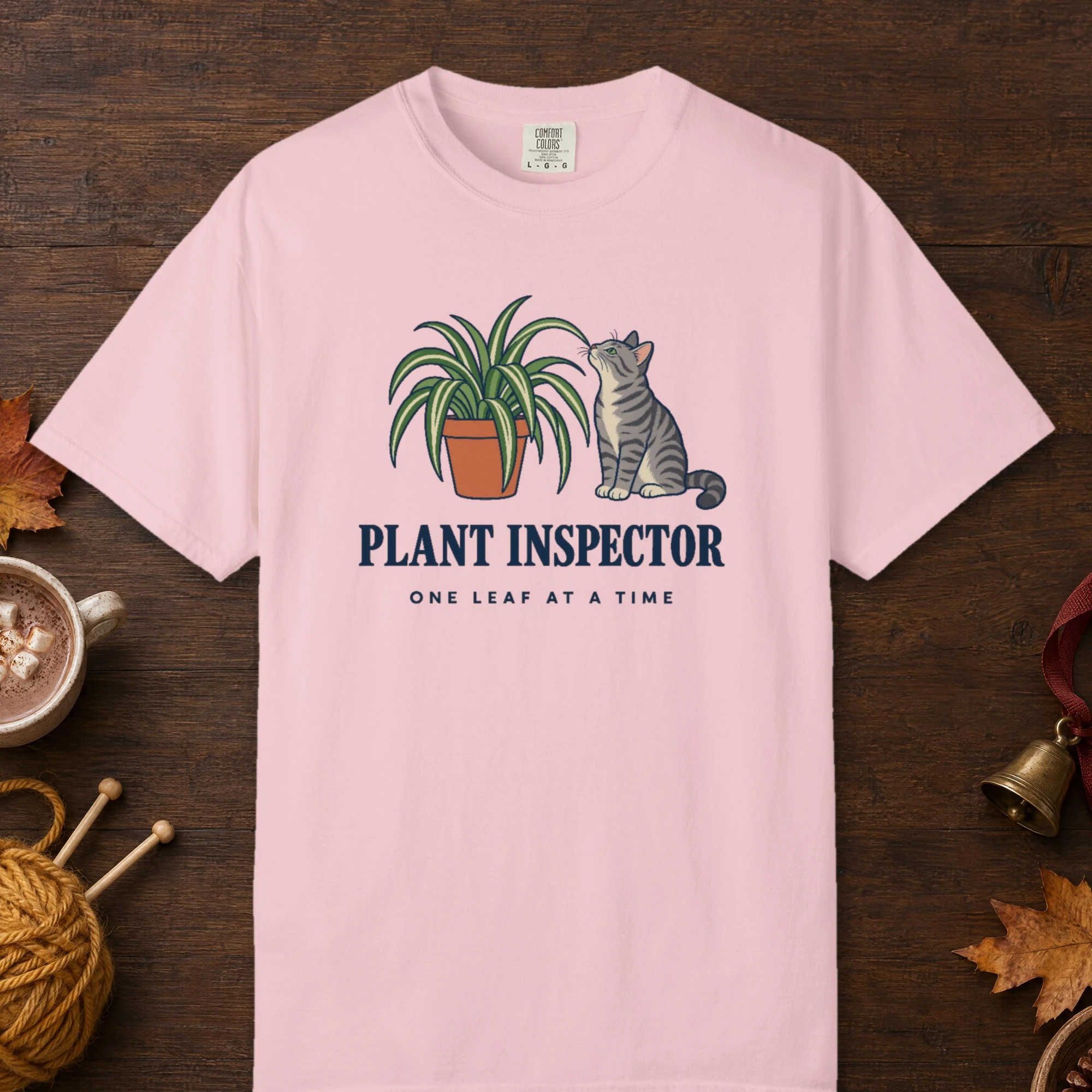 Plant Inspector design on a Blossom Comfort Colors 1717 tee, laid flat