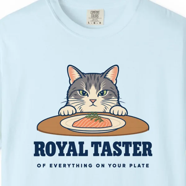 Close-up of the Royal Taster print on a Chambray Comfort Colors 1717 tee