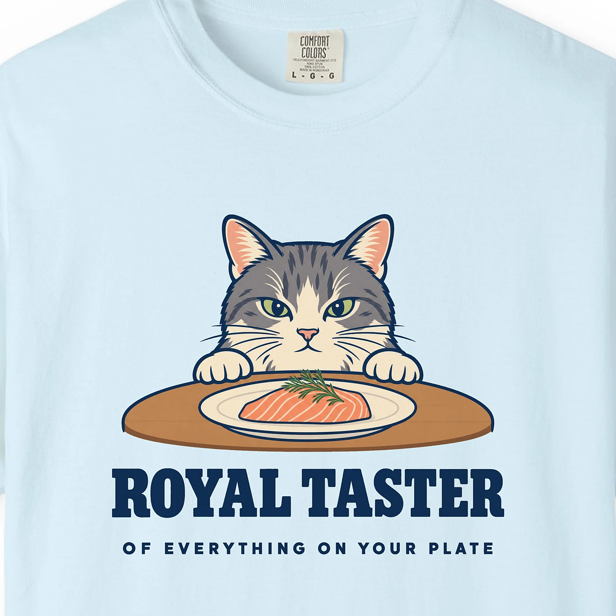 Close-up of the Royal Taster print on a Chambray Comfort Colors 1717 tee