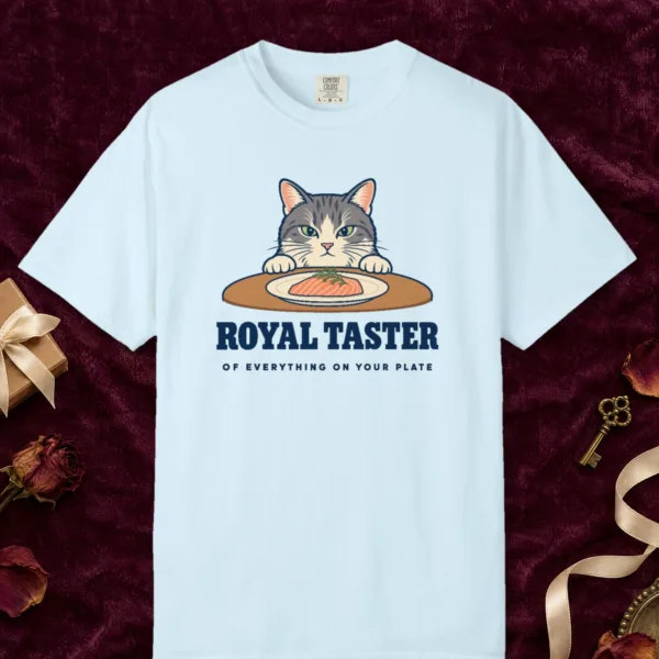 Royal Taster design on a Chambray Comfort Colors 1717 tee, laid flat