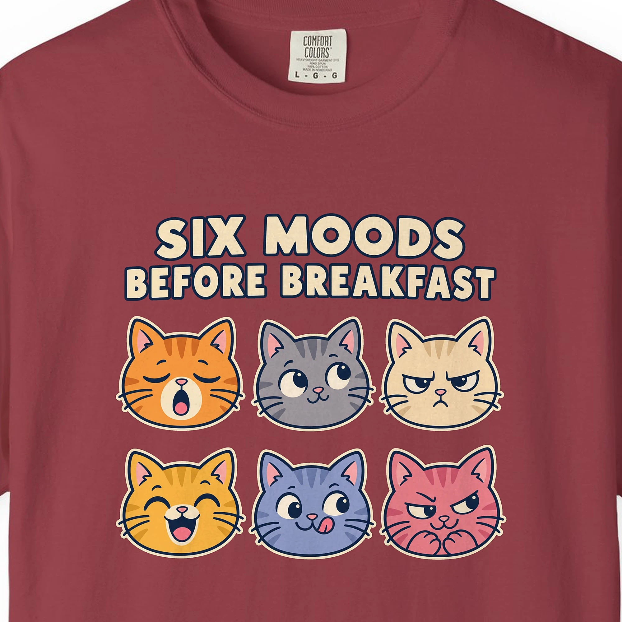 Close-up of the Six Moods Before Breakfast print on a Chili Comfort Colors 1717 tee