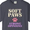 Close-up of the Soft Paws Strong Opinions print on a Navy Comfort Colors 1717 tee