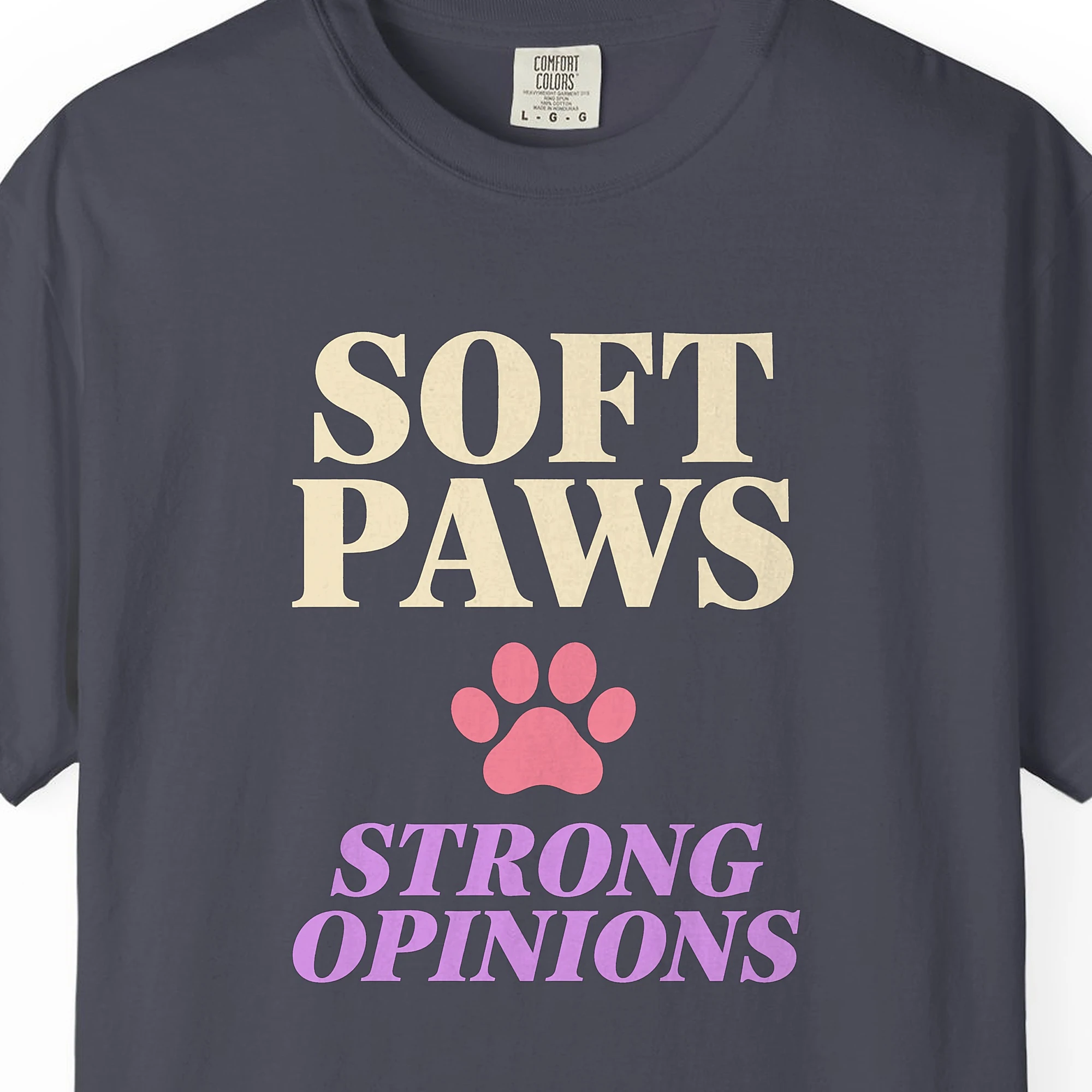 Close-up of the Soft Paws Strong Opinions print on a Navy Comfort Colors 1717 tee