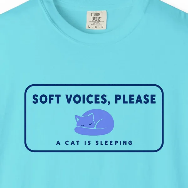Close-up of the Soft Voices Please print on a Lagoon Blue Comfort Colors 1717 tee