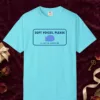 Soft Voices Please design on a Lagoon Blue Comfort Colors 1717 tee, laid flat