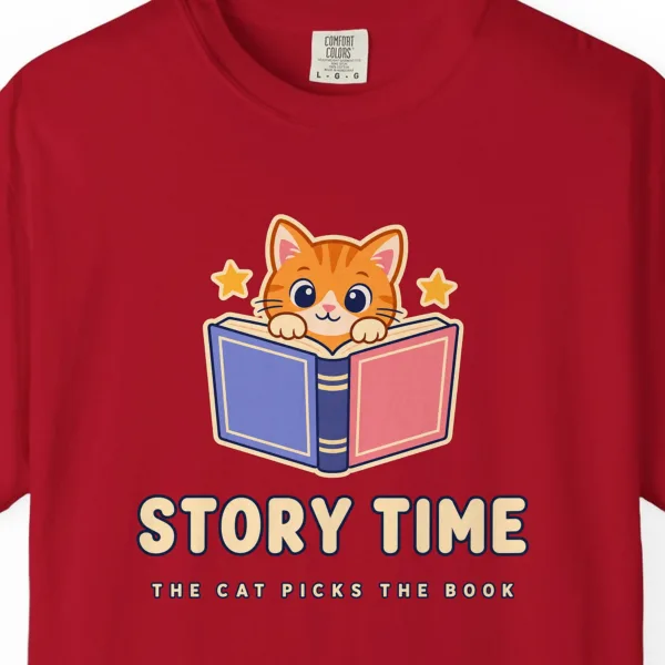 Close-up of the Story Time print on a Red Comfort Colors 1717 tee