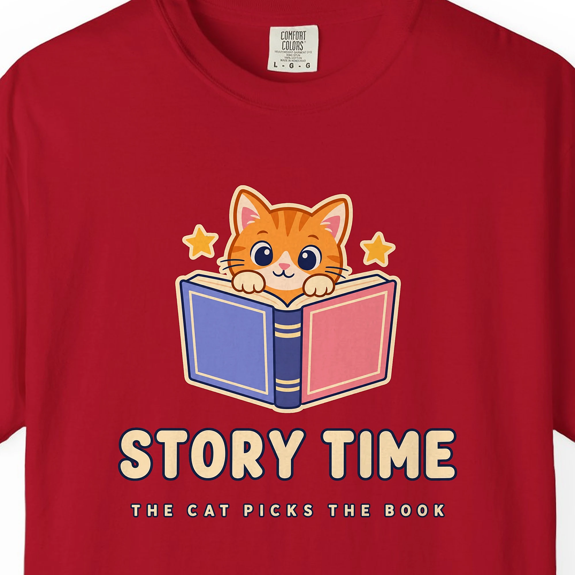 Close-up of the Story Time print on a Red Comfort Colors 1717 tee