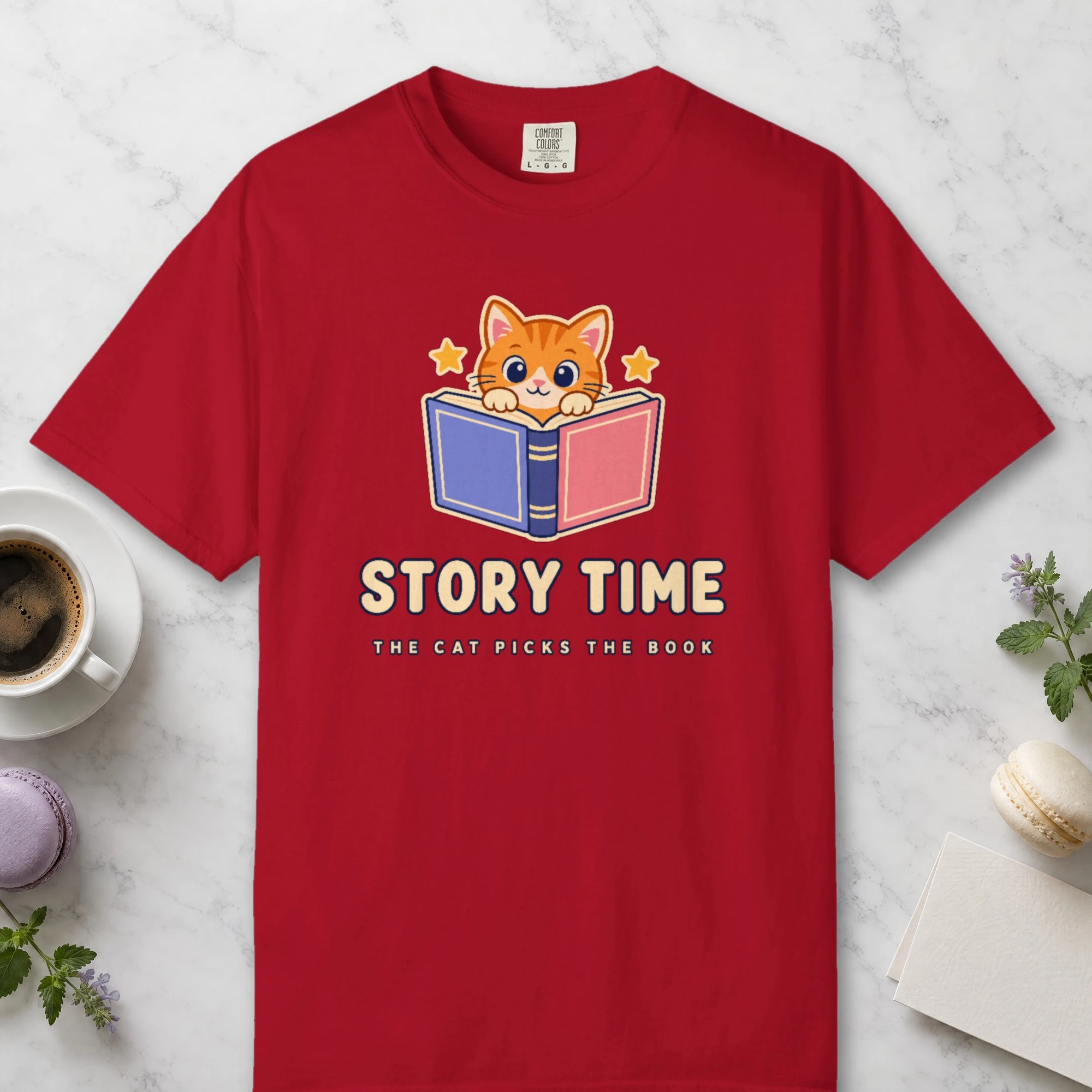 Story Time design on a Red Comfort Colors 1717 tee, laid flat