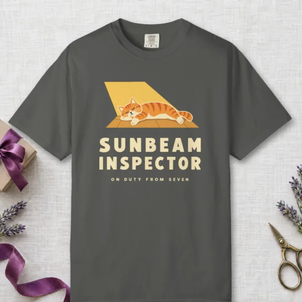 Sunbeam Inspector design on a Pepper Comfort Colors 1717 tee, laid flat