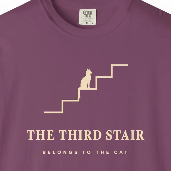 Close-up of the The Third Stair print on a Berry Comfort Colors 1717 tee