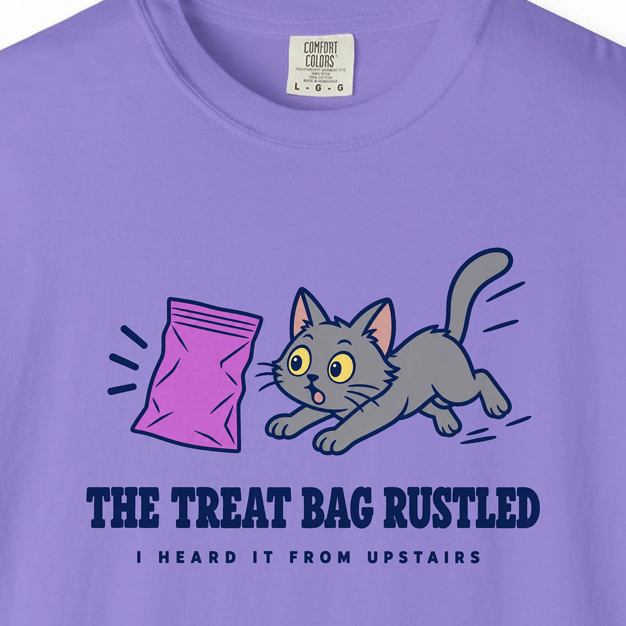 Close-up of the The Treat Bag Rustled print on a Violet Comfort Colors 1717 tee