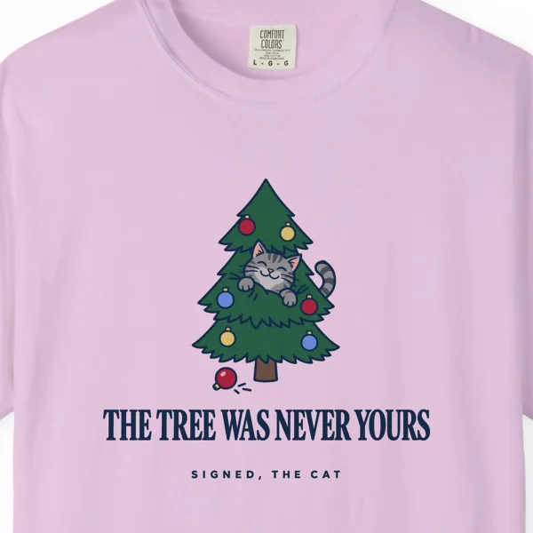 Close-up of the The Tree Was Never Yours print on an Orchid Comfort Colors 1717 tee