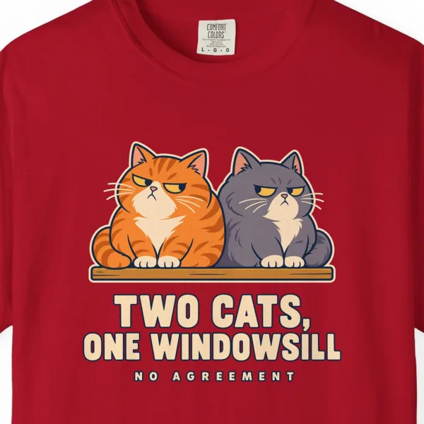 Close-up of the Two Cats One Windowsill print on a Red Comfort Colors 1717 tee