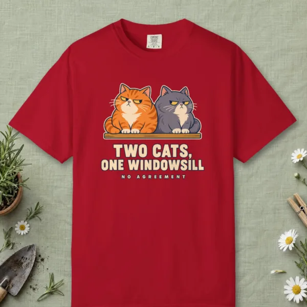Two Cats One Windowsill design on a Red Comfort Colors 1717 tee, laid flat