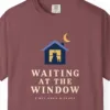 Close-up of the Waiting at the Window print on a Brick Comfort Colors 1717 tee