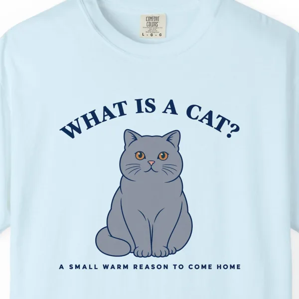 Close-up of the What Is a Cat print on a Chambray Comfort Colors 1717 tee