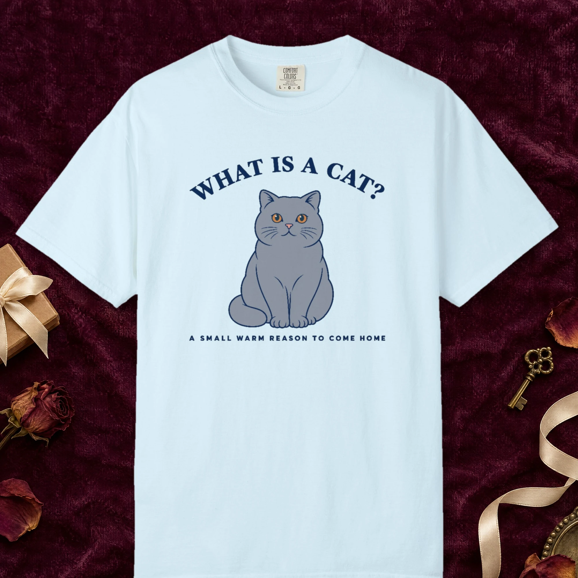 What Is a Cat design on a Chambray Comfort Colors 1717 tee, laid flat